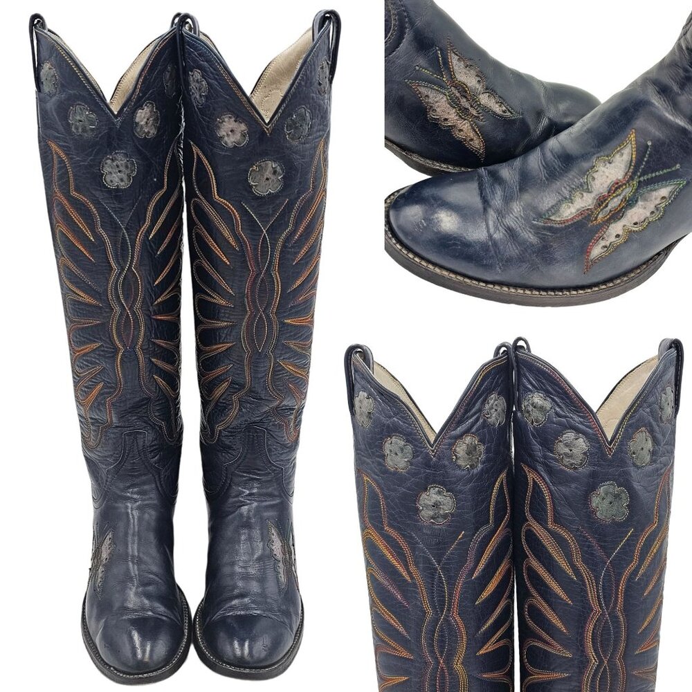 Vintage 1970s CUTTER BILL Cowgirl Boots 6B Navy Rainbow Leather Butterfly Cowboy - Picture 1 of 16